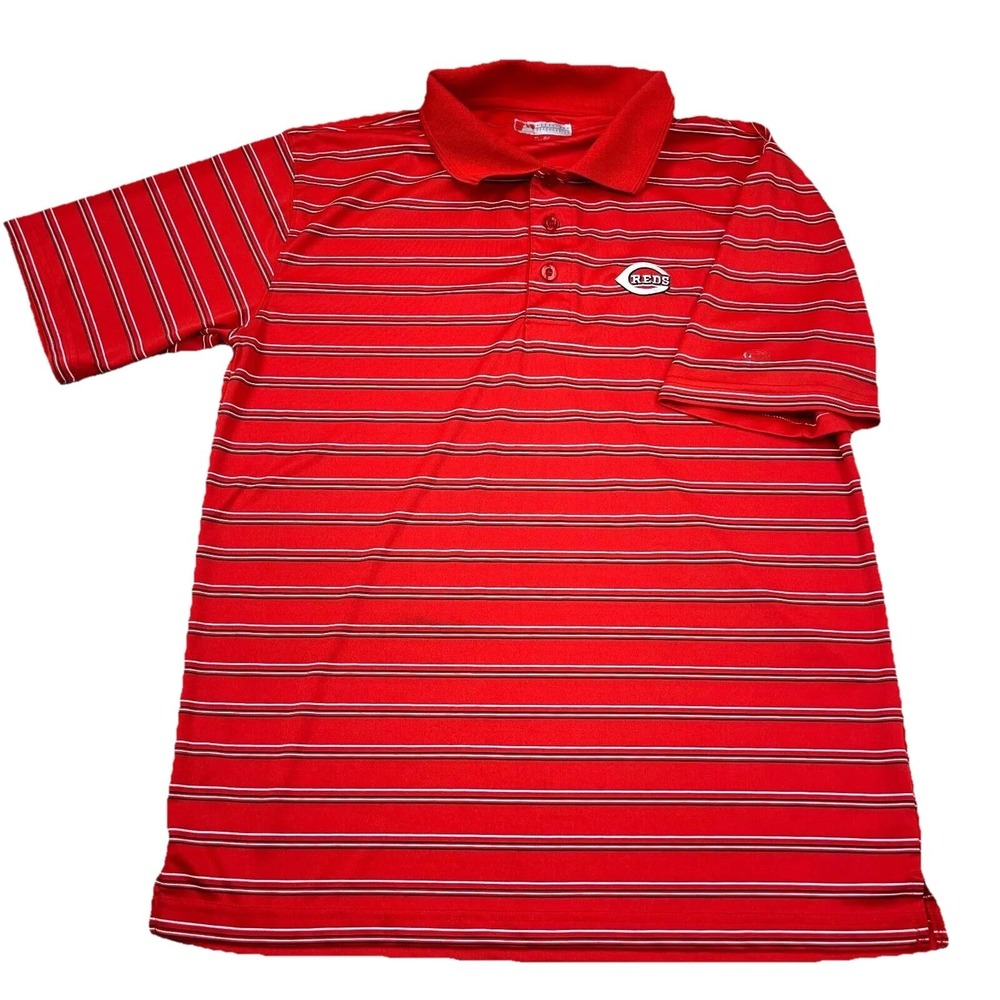 Cincinnati Reds Polo Shirt Men Large Red Striped Performance Quick Dry Wicking*